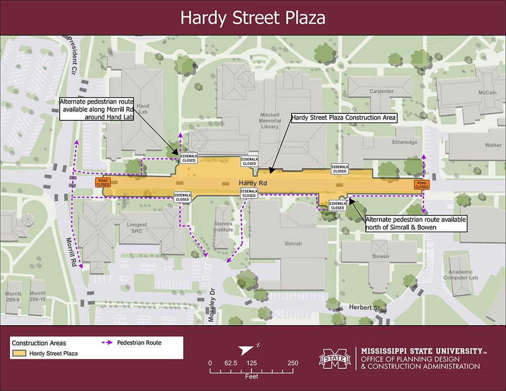 Pedestrian detours adjusted for Hardy Plaza construction